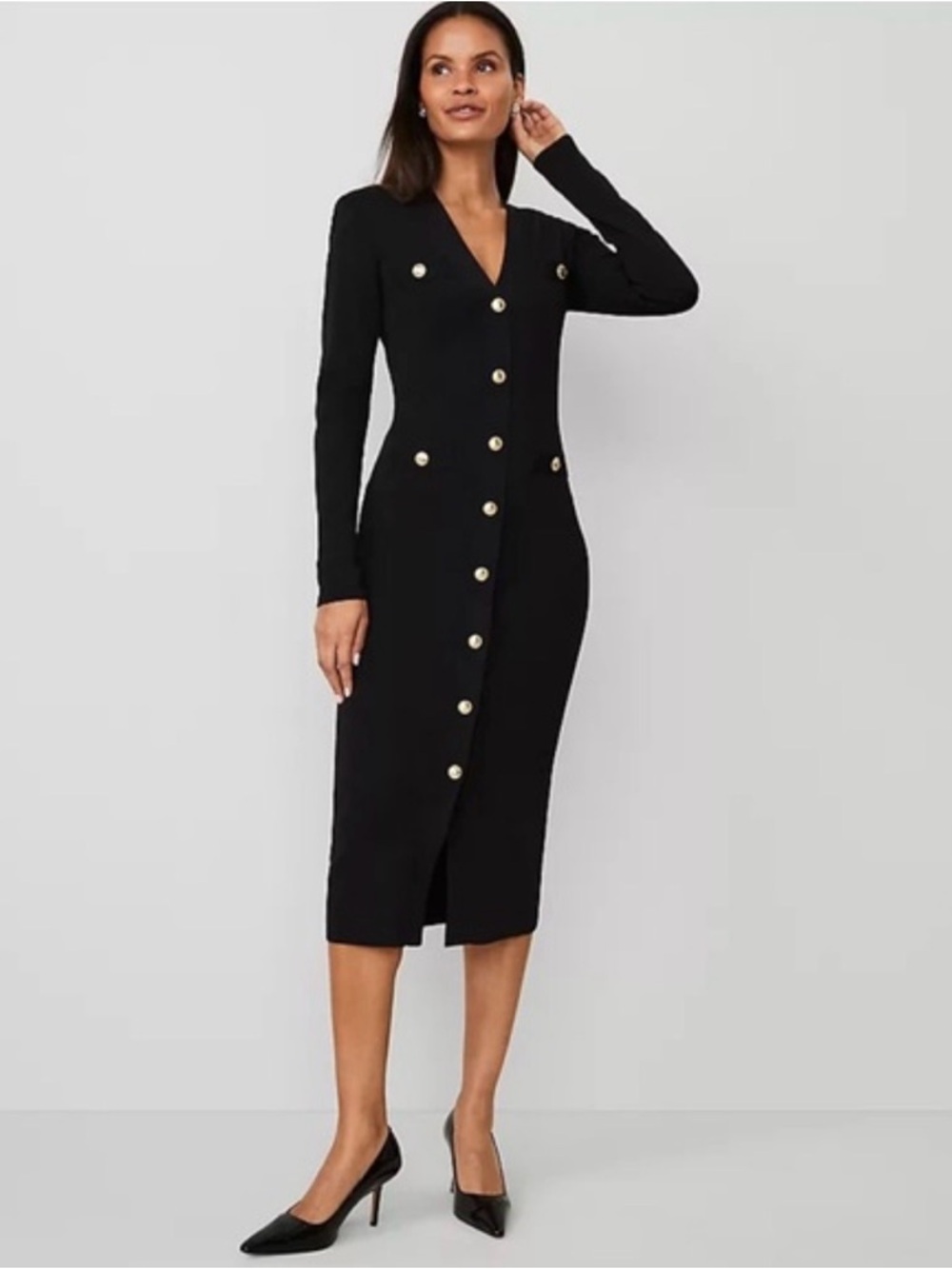 Ann Taylor Black Long Button-Front Knit Dress with Gold Buttons XXSP